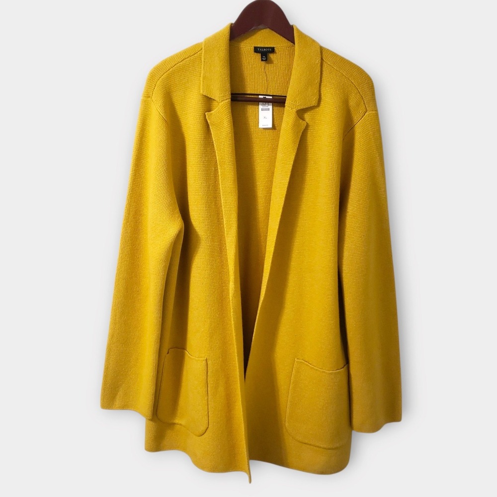 NWT Talbots Open Front Longline Cardigan Sweater Coat Yellow Wool Blend Pockets